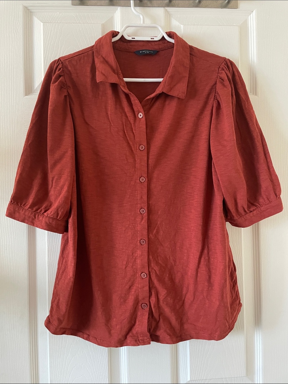 Rust puff sleeve button up cotton tencel modal blend t shirt
